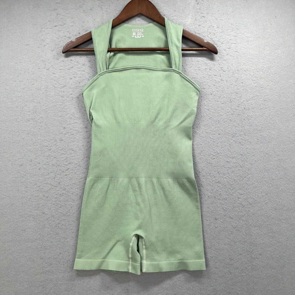 OQQ Ribbed Romper Womens Medium Sage Green‎ Seamless Athletic Square Neck Yoga